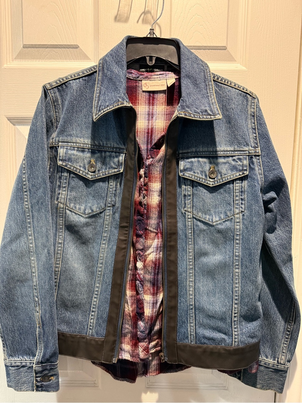 Dkny Blue Denim Jacket with Brown Trim - with Layered Fall Flannel Size Small